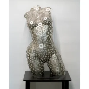 Life-size female torso sculpture made of hand-welded steel rings - Steel Cell by Hard Deco