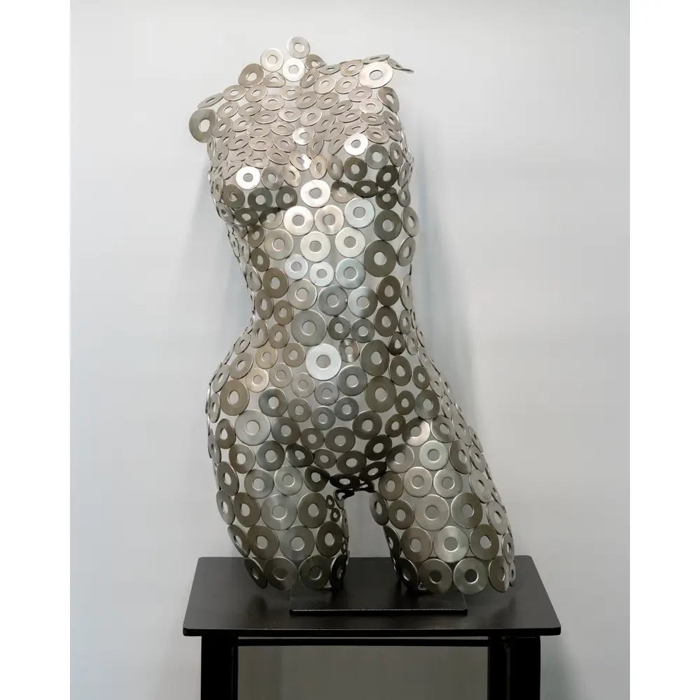 Life-size female torso sculpture made of hand-welded steel rings - Steel Cell by Hard Deco